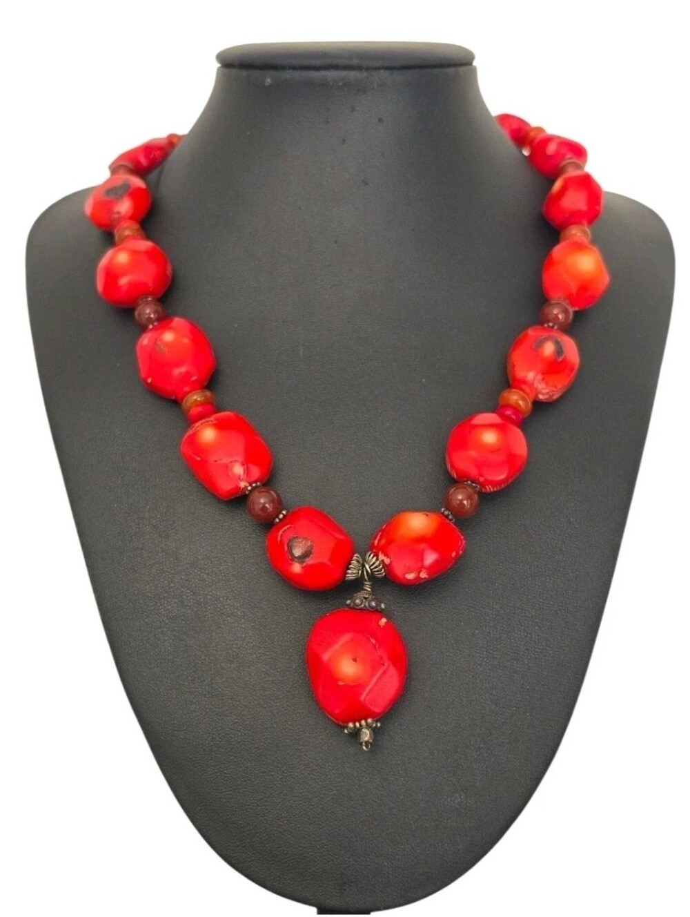 Vintage 925 Sterling Silver Red Coral Carnelian Statement Drop Necklace 20"